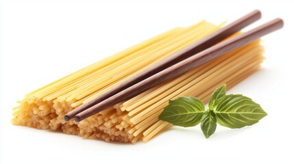 Unconventional yet intriguing, this culinary arrangement combines traditional spaghetti with chopsticks alongside fresh basil leaves, highlighting a fusion of cultures in a delightful presentation