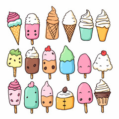 Ice cream colorful drawing clipart set. Popsicle stick and ice cream cone clip art with sweet flavor elements vector illustration summer dessert flat collection. 