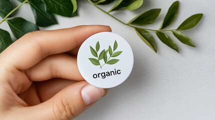 Hand holding a circular badge featuring leaves and the word organic, highlighting eco-friendly and sustainable products, with greenery in the background
