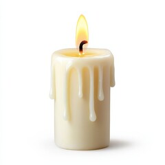 Lit white candle with warm glowing flame and melted wax drips isolated on white background symbol of tranquility and focus 