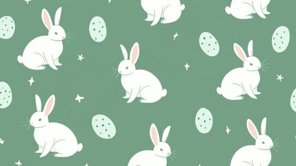 Vector style Easter banner featuring white rabbit and eggs silhouettes on a pastel green background. Flat, minimalist design