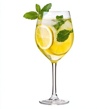 Limoncello spritz served in a tall glass with sparkling water limoncello and mint garnish isolated on white background zesty and light 