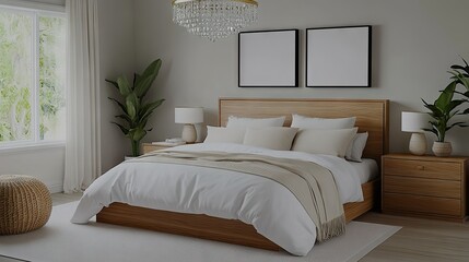 Spacious modern bedroom featuring a large bed, elegant decor, and natural light from windows with green plants