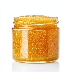 Open jar of body scrub with natural ingredients like sugar and honey isolated on white background skincare and relaxation 