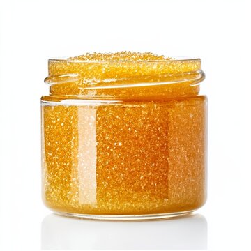 Open jar of body scrub with natural ingredients like sugar and honey isolated on white background skincare and relaxation 