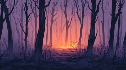 Obraz premium Smoldering Forest After Wildfire with Blackened Trees