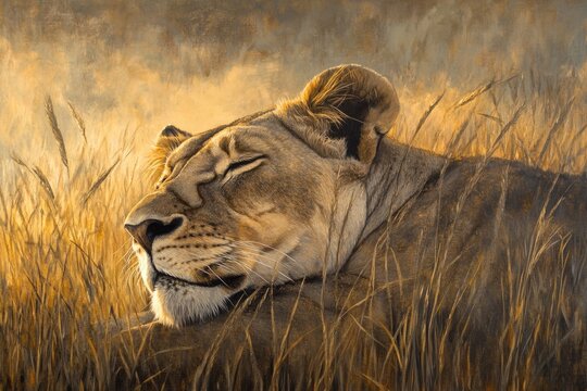 A majestic lioness rests peacefully amidst tall golden grasses bathed in the warm glow of the setting sun.