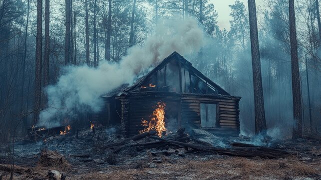 Smoldering Remains of a Burned Cabin in the Woods