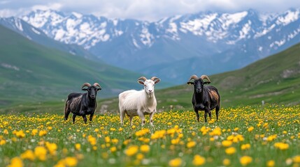 Naklejka premium Three sheep grazing in a vibrant meadow surrounded by majestic mountains under a cloudy sky in spring