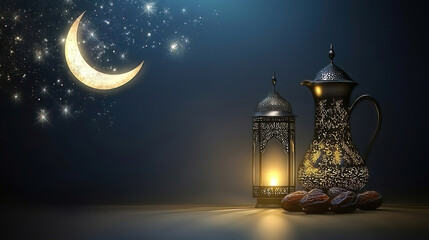 Ramadan symbolizes purity prayer and charity under the crescent. Elegant Lantern and Arabian Coffee Pot under Starry Night Sky