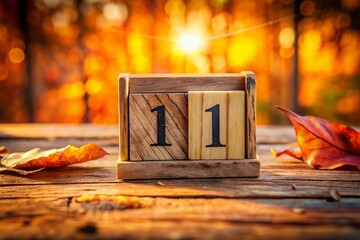 Vintage Wooden November 11th Calendar, Tilt-Shift Miniature, Autumnal Still Life