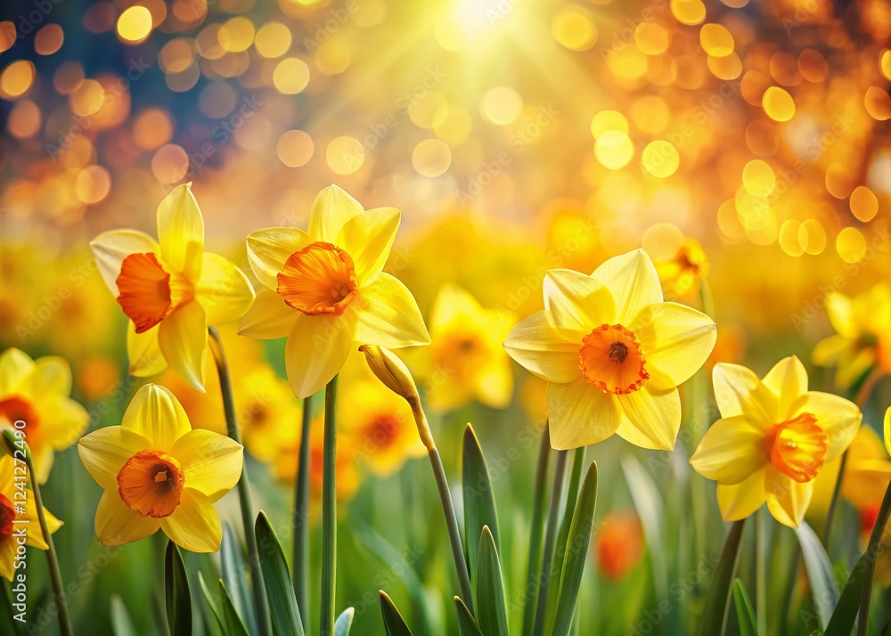 Poster vivid yellow daffodils blooming in spring with soft bokeh background - copy space for text