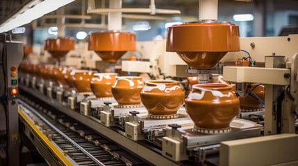 Pottery factory floor filled with illuminated workstations and rows of bowls in a dimly lit environment