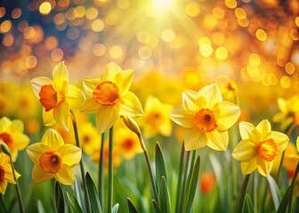 Obraz premium Vivid Yellow Daffodils Blooming in Spring with Soft Bokeh Background - Copy Space for Text
