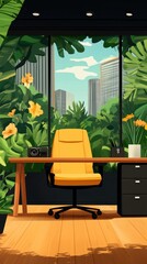 A vibrant office space with a yellow chair and a view of lush greenery and city buildings.