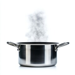 Stainless steel evaporator pan with steam rising isolated on white background used for boiling down sap 