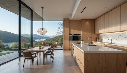 A stylish kitchen with minimalist wooden cabinetry, a cozy dining space, and large windows framing a picturesque natural view.