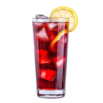 Traditional tinto de verano in a tall glass with red wine lemon soda and ice cubes isolated on white background light Spanish refreshment 