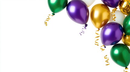 Festive balloon cluster in green, purple, gold and white with curling ribbons for celebratory designs. Mardi Gras theme. 