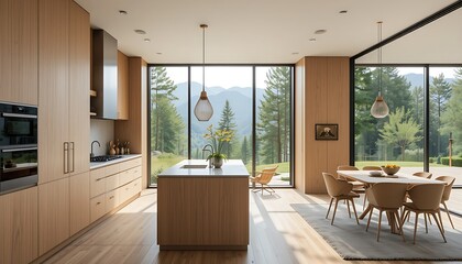 A stylish kitchen with minimalist wooden cabinetry, a cozy dining space, and large windows framing a picturesque natural view.