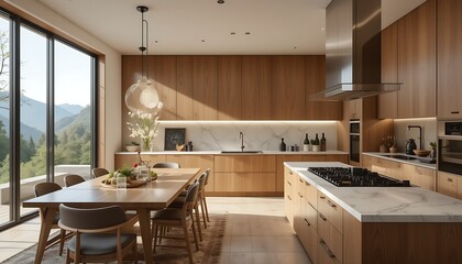 A stylish kitchen with minimalist wooden cabinetry, a cozy dining space, and large windows framing a picturesque natural view.