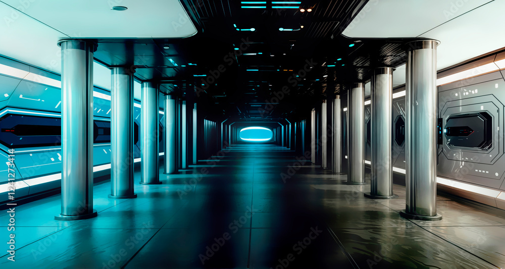 Poster a long corridor with columns and a tunnel in the middle with a blue light at the end.