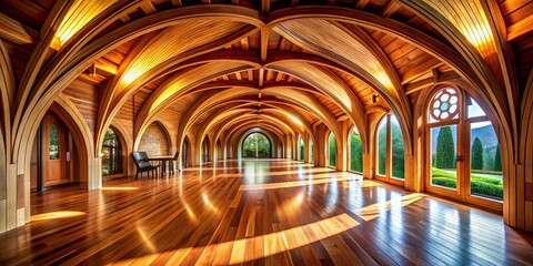 Obraz premium Warm Wooden Interior with Curved Arches & Textured Walls - Cozy Home Design Stock Photo