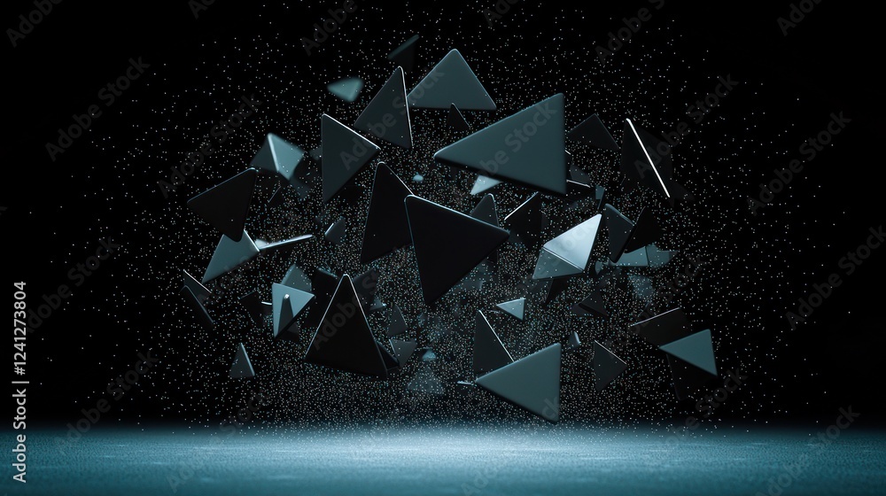 Poster abstract dark geometric explosion with triangular fragments and glowing particles