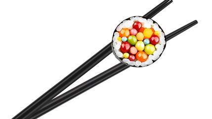 A pair of black chopsticks holding a sushi roll filled with colorful fish eggs. The sushi is neatly wrapped in seaweed.