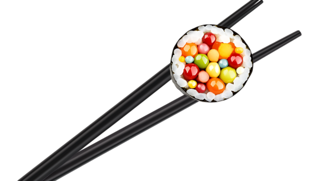 A pair of black chopsticks holding a sushi roll filled with colorful fish eggs. The sushi is neatly wrapped in seaweed.