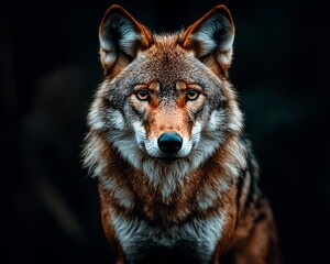 Obraz premium Majestic red wolf stares intensely, dark forest background. Wildlife, nature photography for websites, print