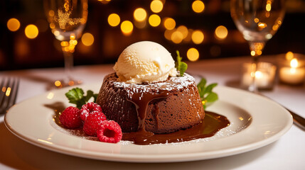 Indulgent chocolate dessert served with ice cream and raspberries in an elegant dining setting