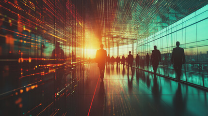 Obraz premium abstract professional business team people connection of line from nail node to node on Smart digital cityscap and skyline background , Innovation networking concept