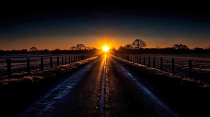 Serene sunrise over a deserted road surrounded by frosty fields and silhouetted trees