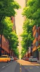 Fototapeta premium A vibrant city street lined with trees and cars under a warm sunset.