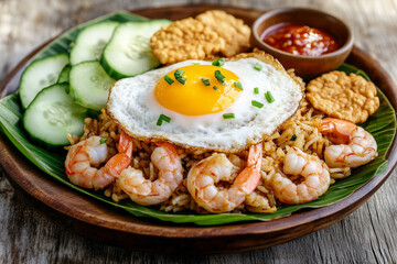 Delicious seafood fried rice served with fresh vegetables and a sunny-side-up egg in a rustic setting