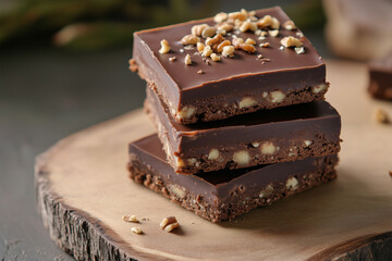Chocolate treats stacked on a wooden platter with nut toppings sitting on a rustic surface
