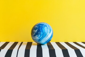 Blue marble against vibrant yellow background with striped surface