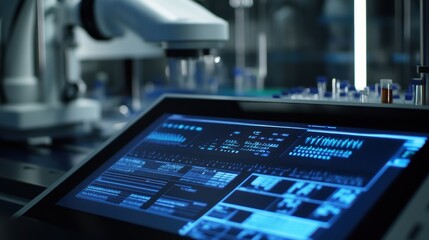 A medium closeup of a touchscreen interface displaying a digital compound library management system. The robotic unit looms in the background highlighting the interaction between human