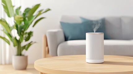 Modern living room with a stylish air humidifier on a wooden table, green plant in background