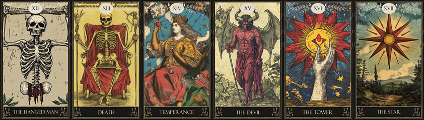 vintage vintage style deck of tarot cards. magical predictions of the future, mysterious characters.	