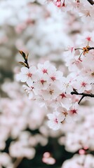 Cherry blossoms in full bloom create a stunning display of delicate pink and white petals against a blurred background in springtime