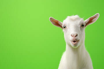 White goat with inquisitive expression against bright green background during a sunny day