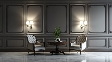 Fototapeta premium modern living room with table 3d render. Luxury Workroom with Comfortable Seating. Monochrome Aesthetic Office Interior Design
