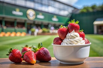 Wimbledon Strawberries & Cream: Close-up of Fresh Berries with Whipped Cream in a Bowl