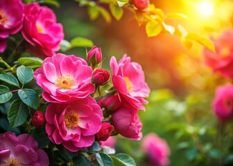 Wild Rose Bush Blooming in Summer Sunlight - Copy Space for Text