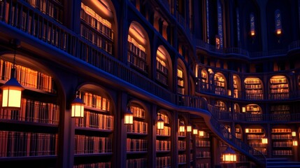 Enchanting library interior with warm lighting, showcasing bookshelves and a grand staircase at dusk