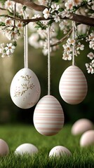 Colorful decorative hanging eggs are artfully placed among vibrant blooming flowers in a tranquil garden during the beautiful spring season
