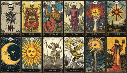 vintage vintage style deck of tarot cards. magical predictions of the future, mysterious characters.	