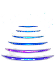 Abstract neon light trails form a glowing pyramid shape against a black background. Perfect for futuristic, technology, or music-related projects.